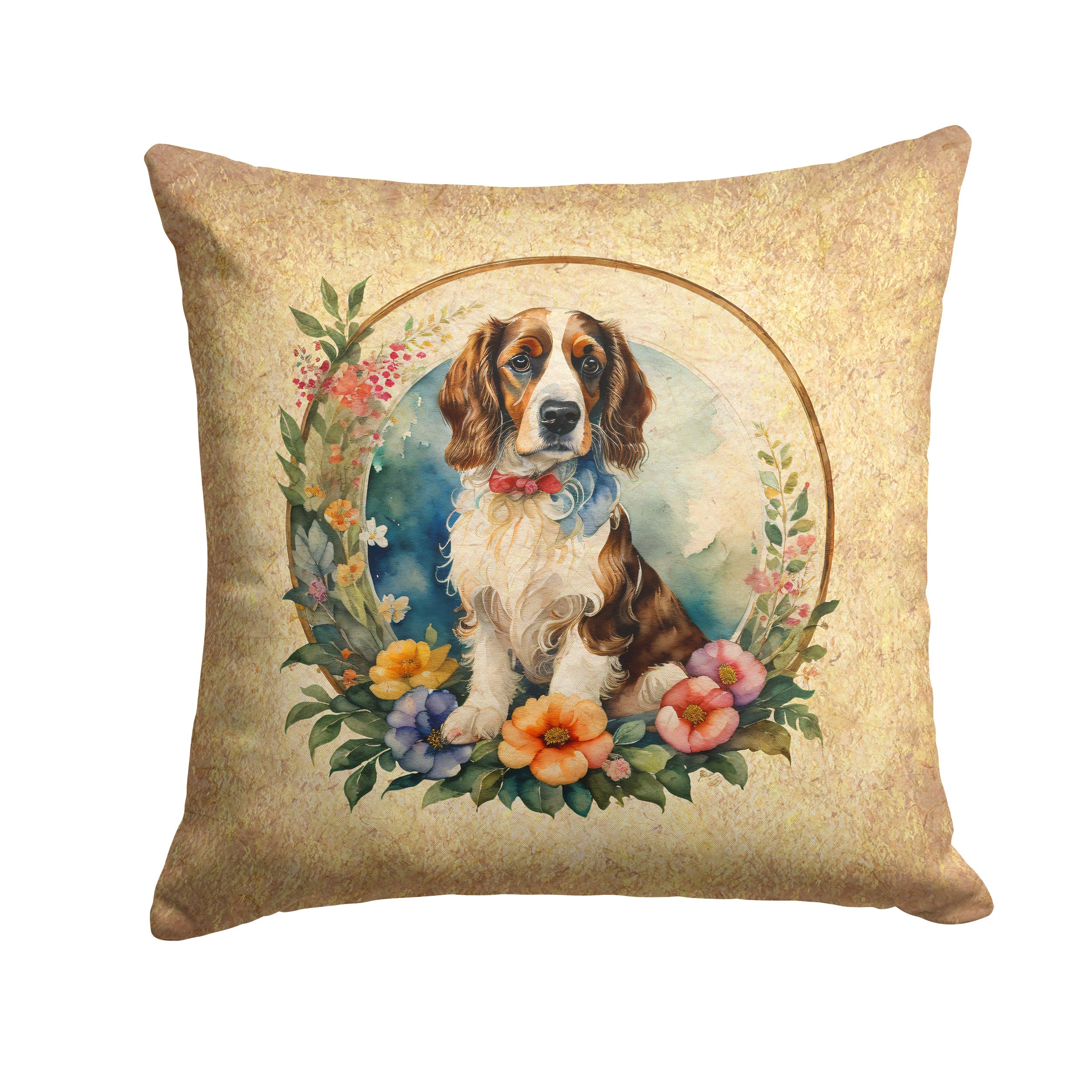 Welsh Springer Spaniel and Flowers Decorative Throw Pillow 14x14 Indoor Outdoor Accent Cushion, Fabric Cover with Insert for Sofa, Bed, Porch & Living Room