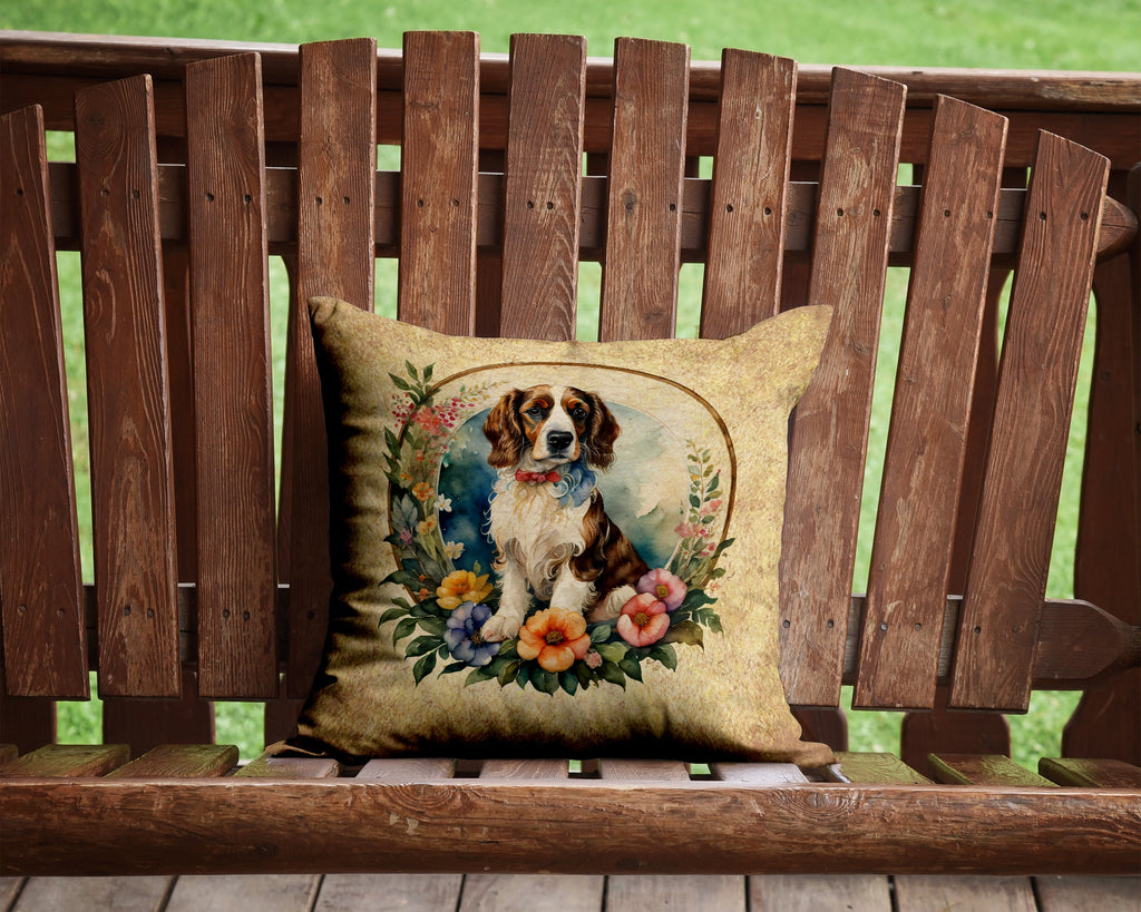 Welsh Springer Spaniel and Flowers Decorative Throw Pillow 14x14 Indoor Outdoor Accent Cushion, Fabric Cover with Insert for Sofa, Bed, Porch & Living Room