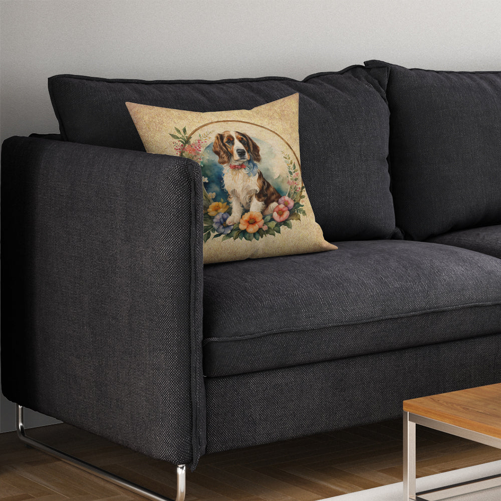 Welsh Springer Spaniel and Flowers Decorative Throw Pillow 14x14 Indoor Outdoor Accent Cushion, Fabric Cover with Insert for Sofa, Bed, Porch & Living Room