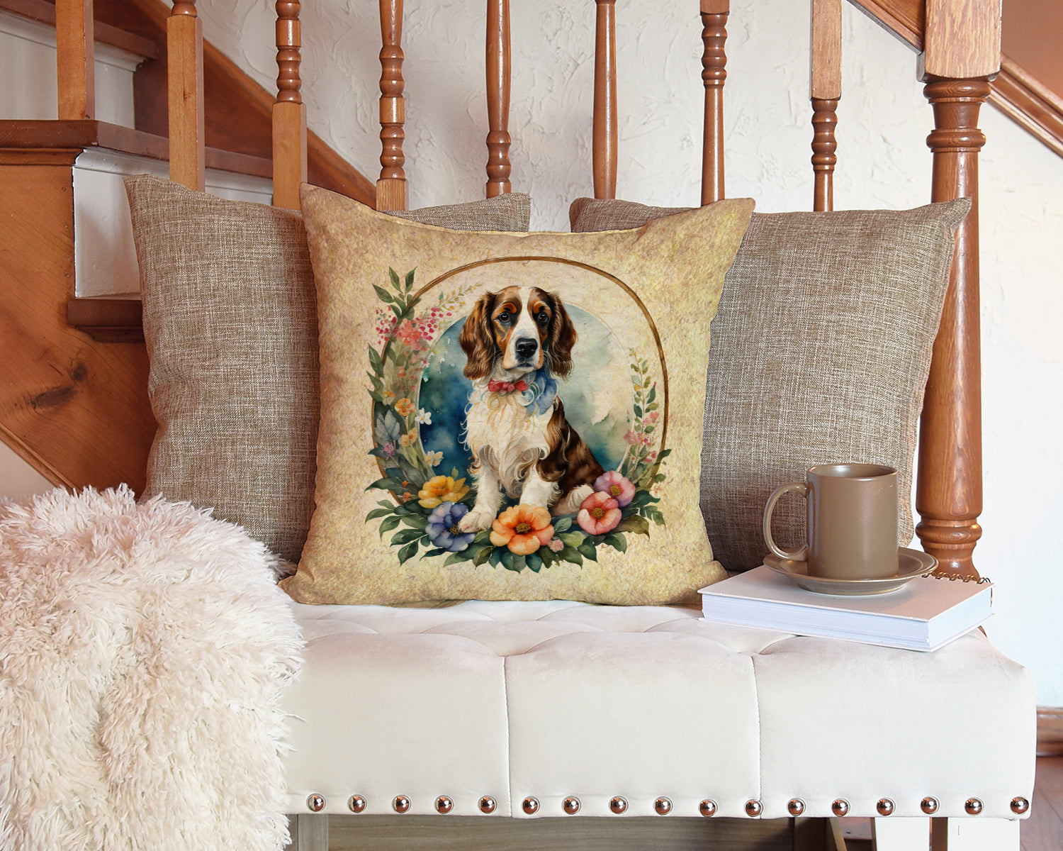 Welsh Springer Spaniel and Flowers Decorative Throw Pillow 14x14 Indoor Outdoor Accent Cushion, Fabric Cover with Insert for Sofa, Bed, Porch & Living Room