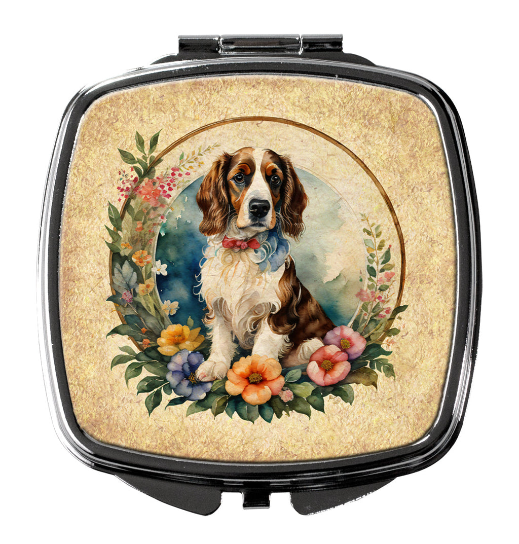 Welsh Springer Spaniel and Flowers Compact Mirror Decorative Travel Makeup Mirror for Women Girls Gifts Pocket Makeup Mirror Folding Handheld