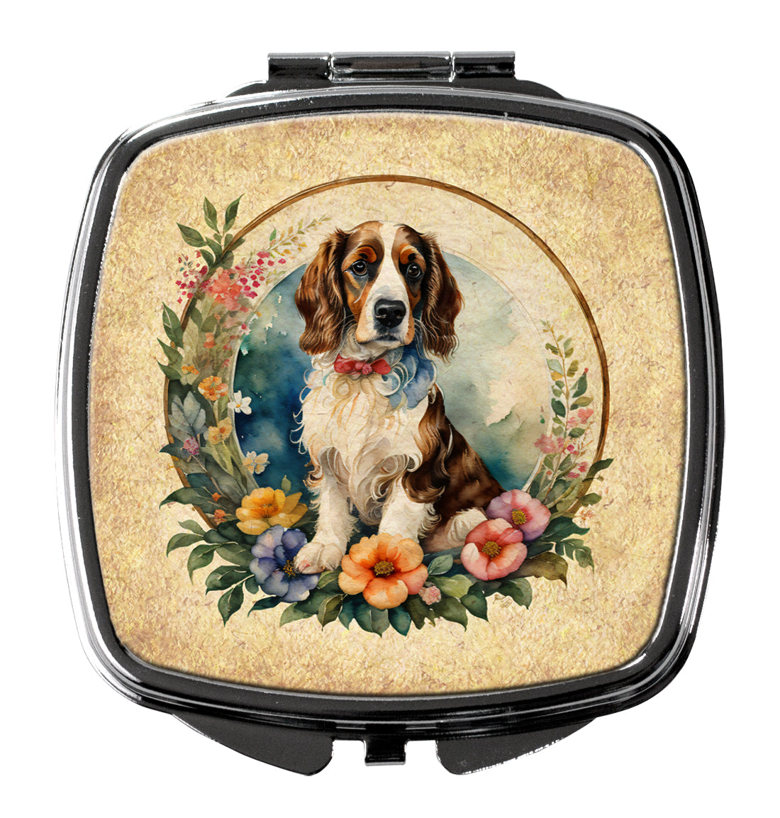 Welsh Springer Spaniel and Flowers Compact Mirror Decorative Travel Makeup Mirror for Women Girls Gifts Pocket Makeup Mirror Folding Handheld