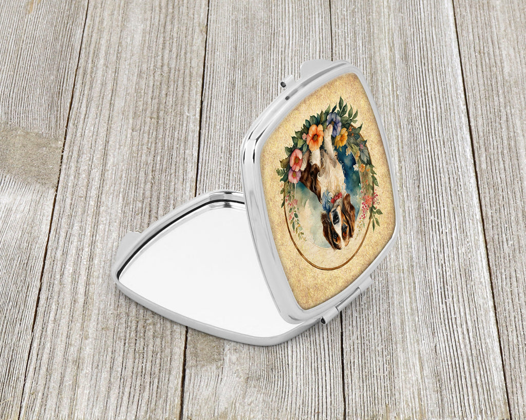 Welsh Springer Spaniel and Flowers Compact Mirror Decorative Travel Makeup Mirror for Women Girls Gifts Pocket Makeup Mirror Folding Handheld