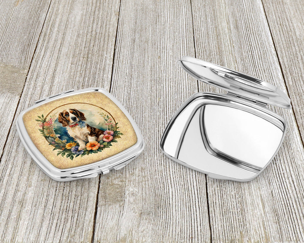Welsh Springer Spaniel and Flowers Compact Mirror Decorative Travel Makeup Mirror for Women Girls Gifts Pocket Makeup Mirror Folding Handheld