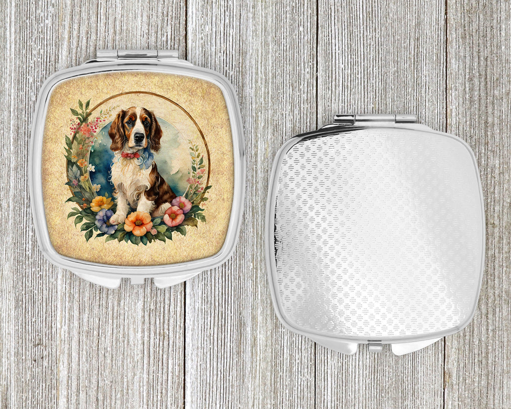 Welsh Springer Spaniel and Flowers Compact Mirror Decorative Travel Makeup Mirror for Women Girls Gifts Pocket Makeup Mirror Folding Handheld