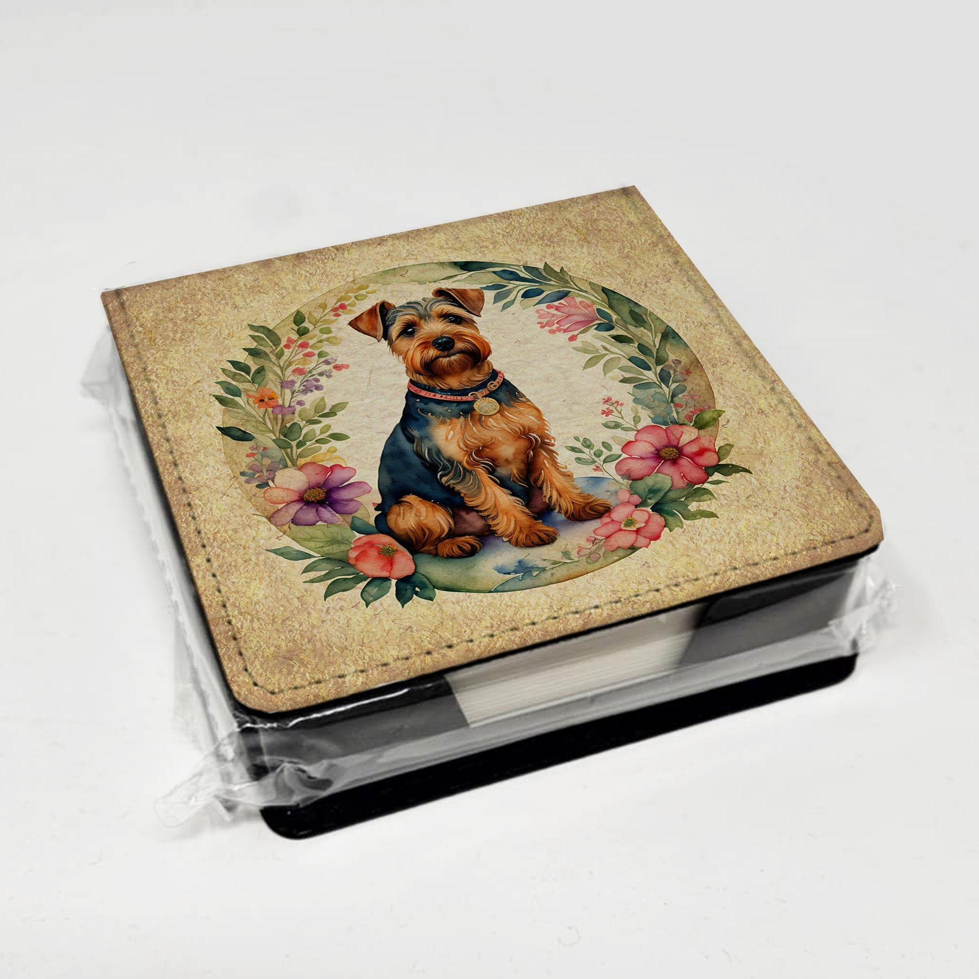 Welsh Terrier and Flowers PU Leather Note Paper Holder with Artist-Designed Cover, Desk Accessory, Office Gift