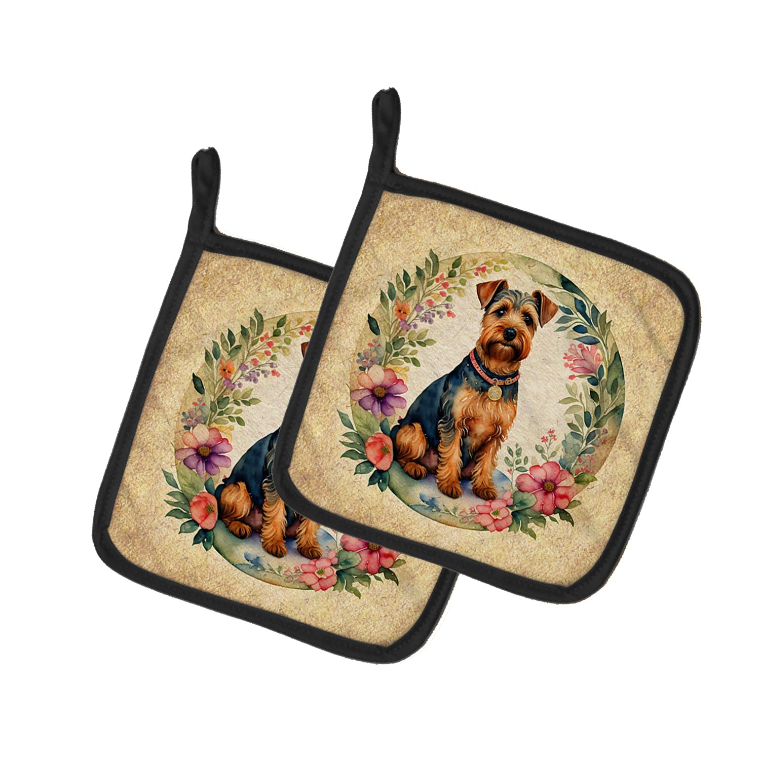 Welsh Terrier and Flowers Pot Holder Set of 2 Heat Resistant Quilted Hot Pads 7.5 x 7.5 Inch, Insulated Kitchen Trivets for Cooking & Baking