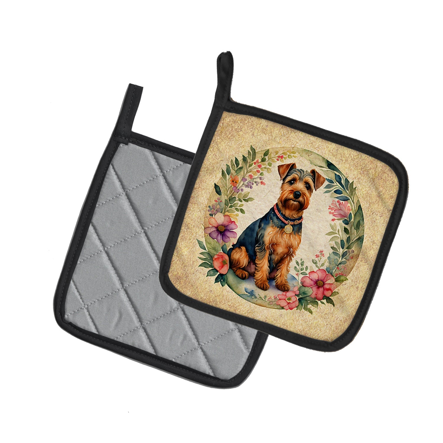 Welsh Terrier and Flowers Pot Holder Set of 2 Heat Resistant Quilted Hot Pads 7.5 x 7.5 Inch, Insulated Kitchen Trivets for Cooking & Baking