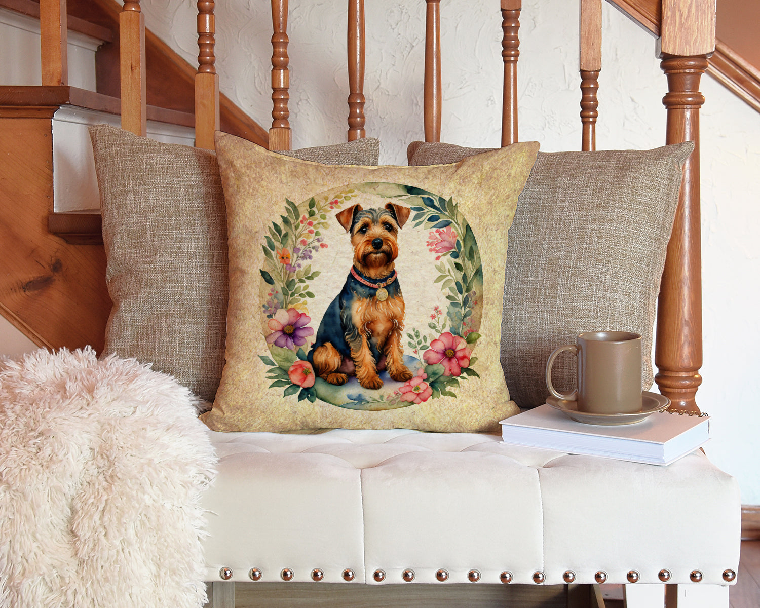Welsh Terrier and Flowers Decorative Throw Pillow 14x14 Indoor Outdoor Accent Cushion, Fabric Cover with Insert for Sofa, Bed, Porch & Living Room