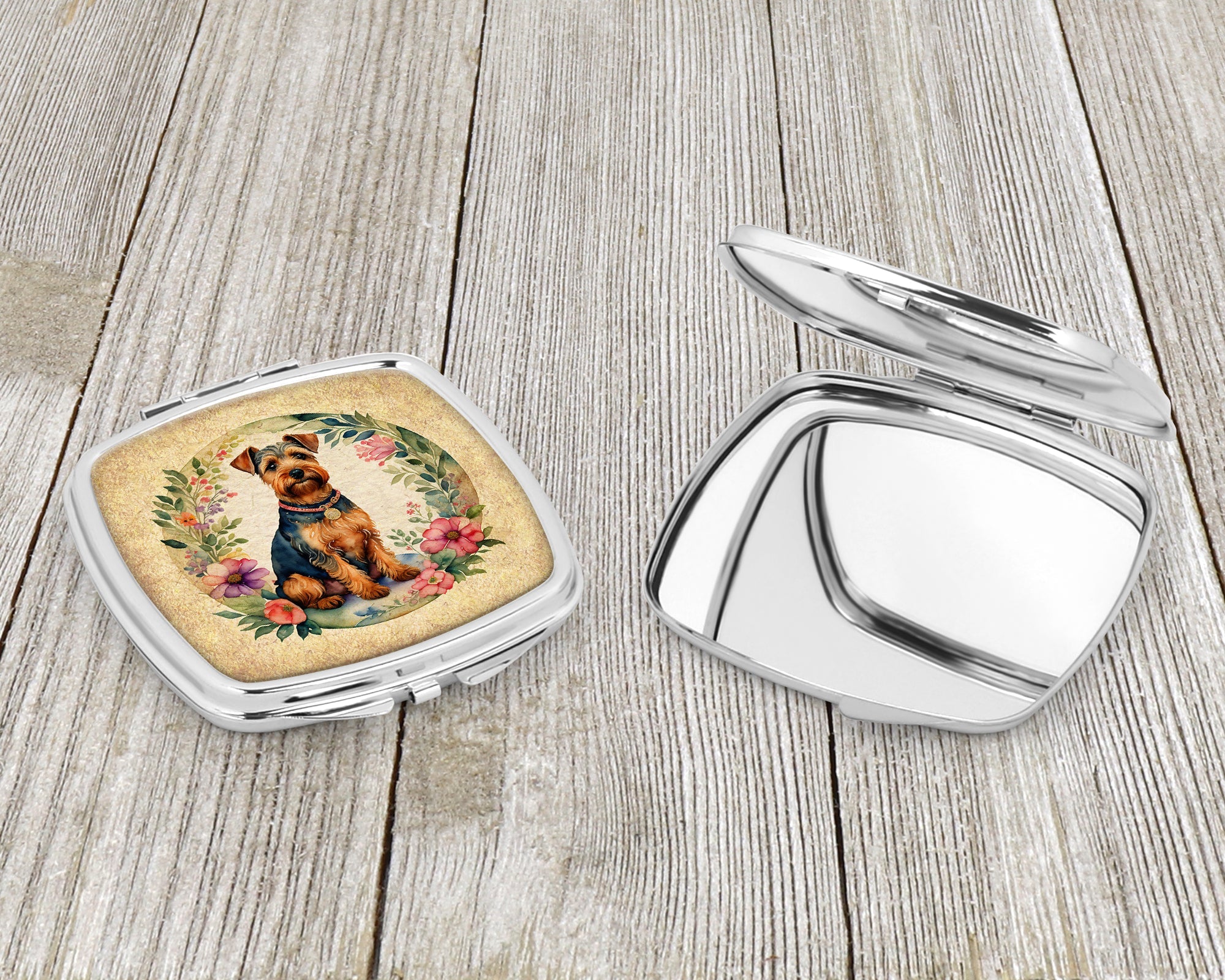 Welsh Terrier and Flowers Compact Mirror Decorative Travel Makeup Mirror for Women Girls Gifts Pocket Makeup Mirror Folding Handheld