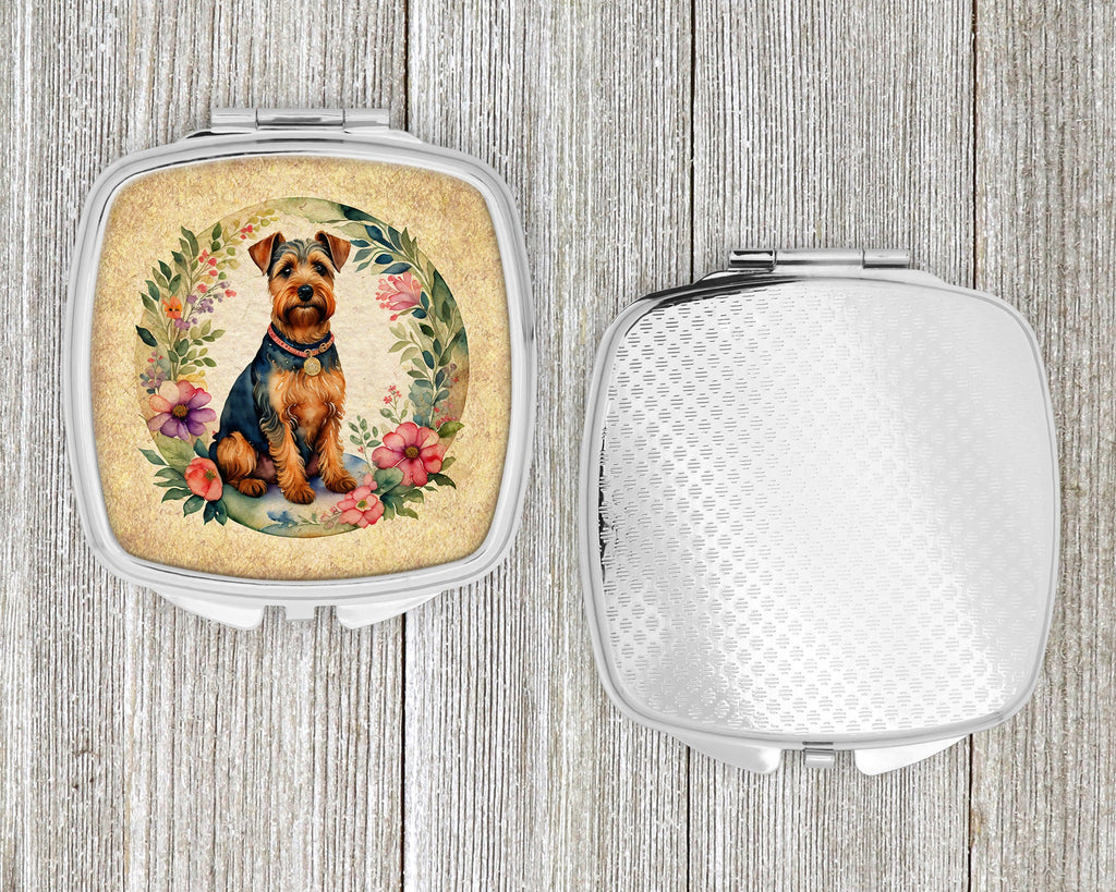Welsh Terrier and Flowers Compact Mirror Decorative Travel Makeup Mirror for Women Girls Gifts Pocket Makeup Mirror Folding Handheld