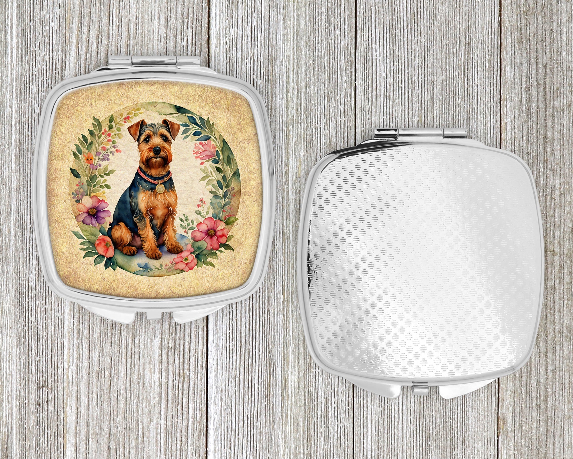 Welsh Terrier and Flowers Compact Mirror Decorative Travel Makeup Mirror for Women Girls Gifts Pocket Makeup Mirror Folding Handheld