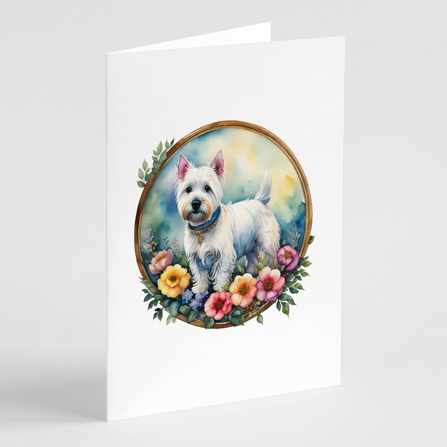 Westie and Flowers Greeting Cards Pack of 8 Blank Cards with Envelopes Whimsical A7 Size 5x7