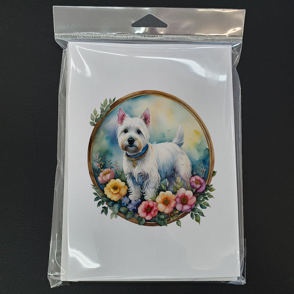 Westie and Flowers Greeting Cards Pack of 8 Blank Cards with Envelopes Whimsical A7 Size 5x7