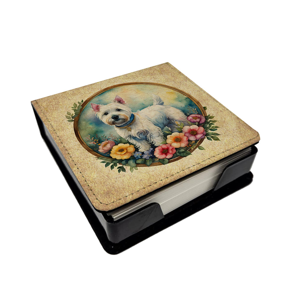 Westie and Flowers PU Leather Note Paper Holder with Artist-Designed Cover, Desk Accessory, Office Gift