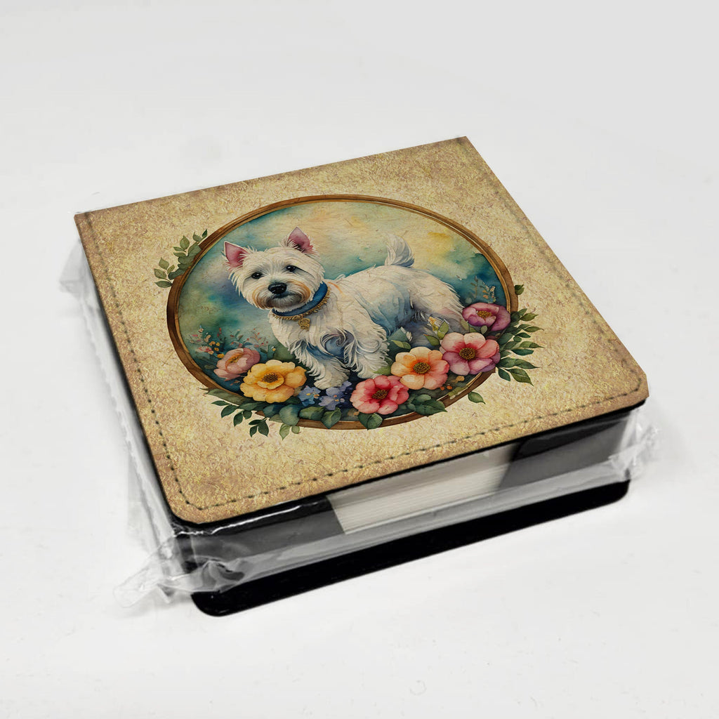 Westie and Flowers PU Leather Note Paper Holder with Artist-Designed Cover, Desk Accessory, Office Gift
