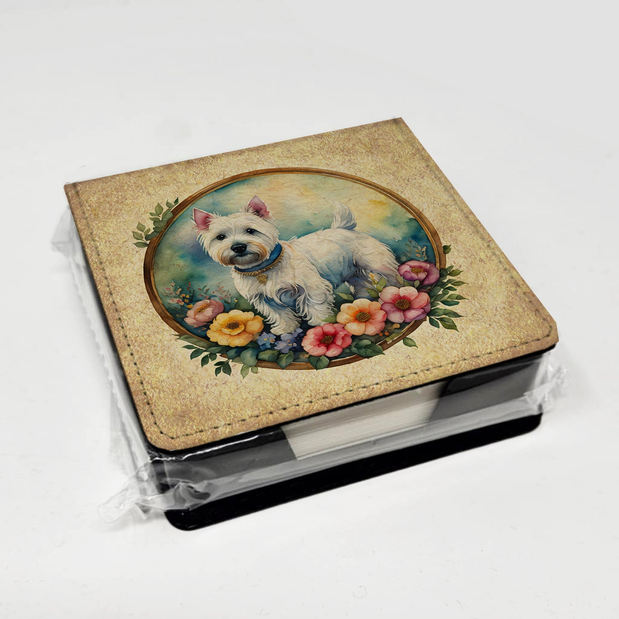 Westie and Flowers PU Leather Note Paper Holder with Artist-Designed Cover, Desk Accessory, Office Gift