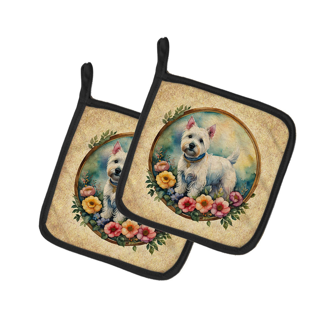 Westie and Flowers Pot Holder Set of 2 Heat Resistant Quilted Hot Pads 7.5 x 7.5 Inch, Insulated Kitchen Trivets for Cooking & Baking