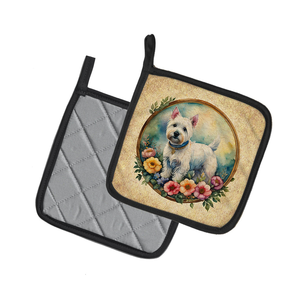 Westie and Flowers Pot Holder Set of 2 Heat Resistant Quilted Hot Pads 7.5 x 7.5 Inch, Insulated Kitchen Trivets for Cooking & Baking