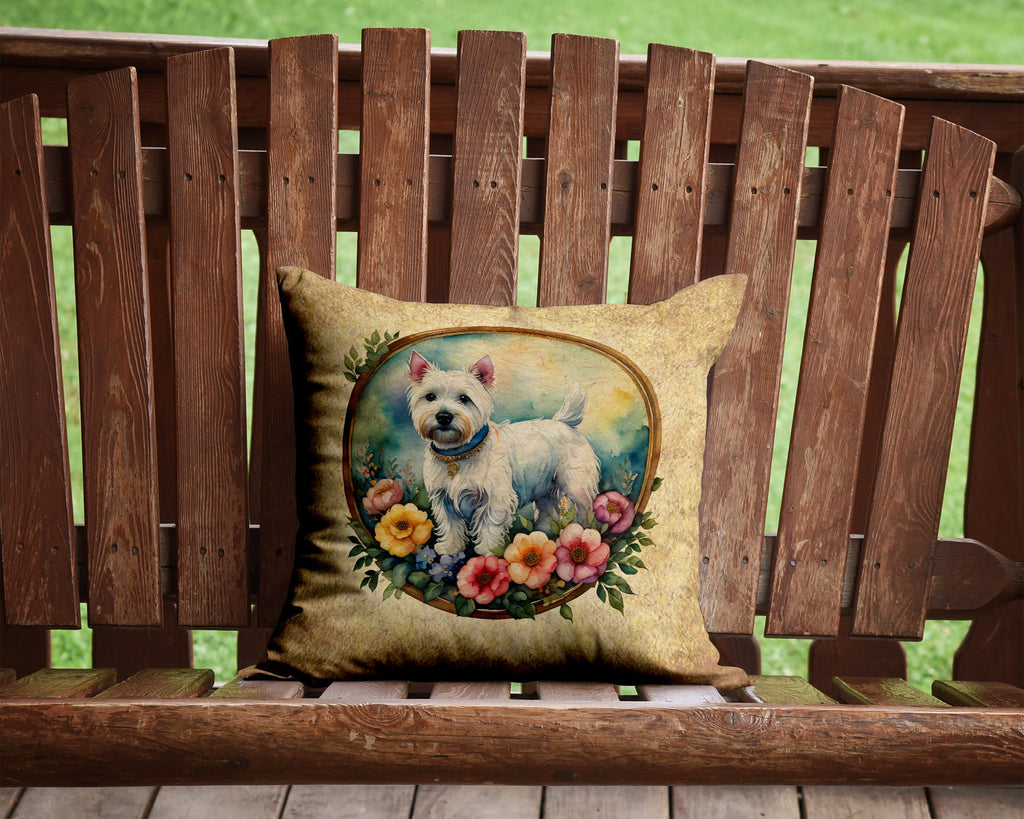 Westie and Flowers Decorative Throw Pillow 14x14 Indoor Outdoor Accent Cushion, Fabric Cover with Insert for Sofa, Bed, Porch & Living Room