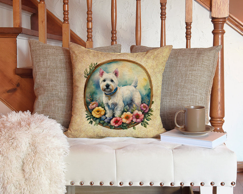 Westie and Flowers Decorative Throw Pillow 14x14 Indoor Outdoor Accent Cushion, Fabric Cover with Insert for Sofa, Bed, Porch & Living Room