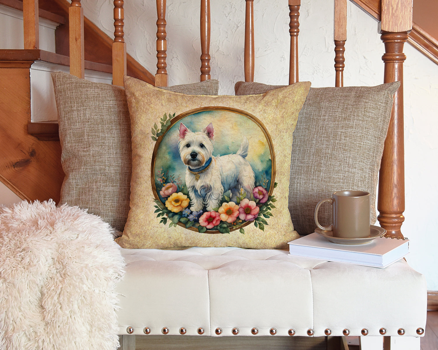 Westie and Flowers Decorative Throw Pillow 14x14 Indoor Outdoor Accent Cushion, Fabric Cover with Insert for Sofa, Bed, Porch & Living Room
