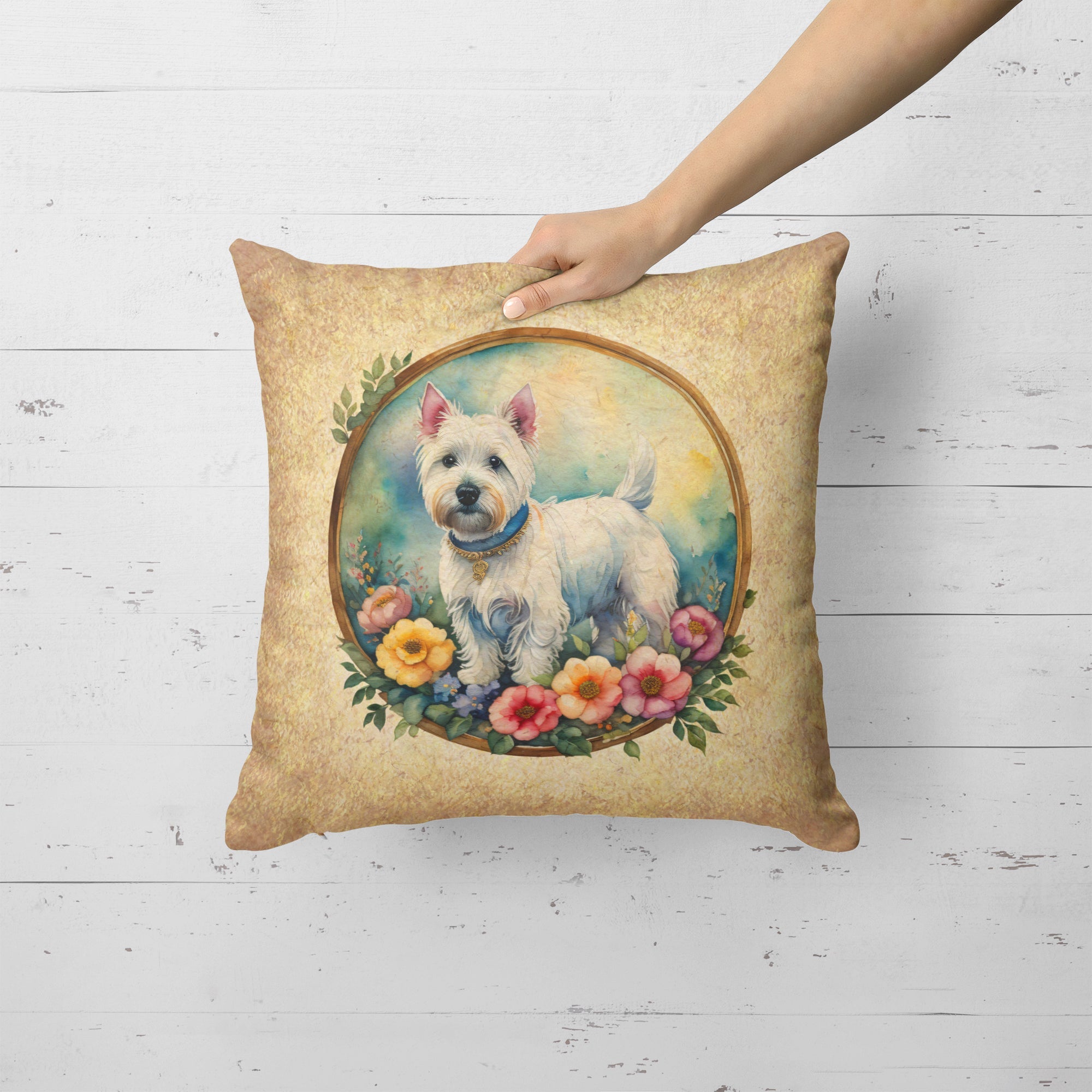 Westie and Flowers Decorative Throw Pillow 18x18 Indoor Outdoor Accent Cushion, Fabric Cover with Insert for Sofa, Bed, Porch & Living Room