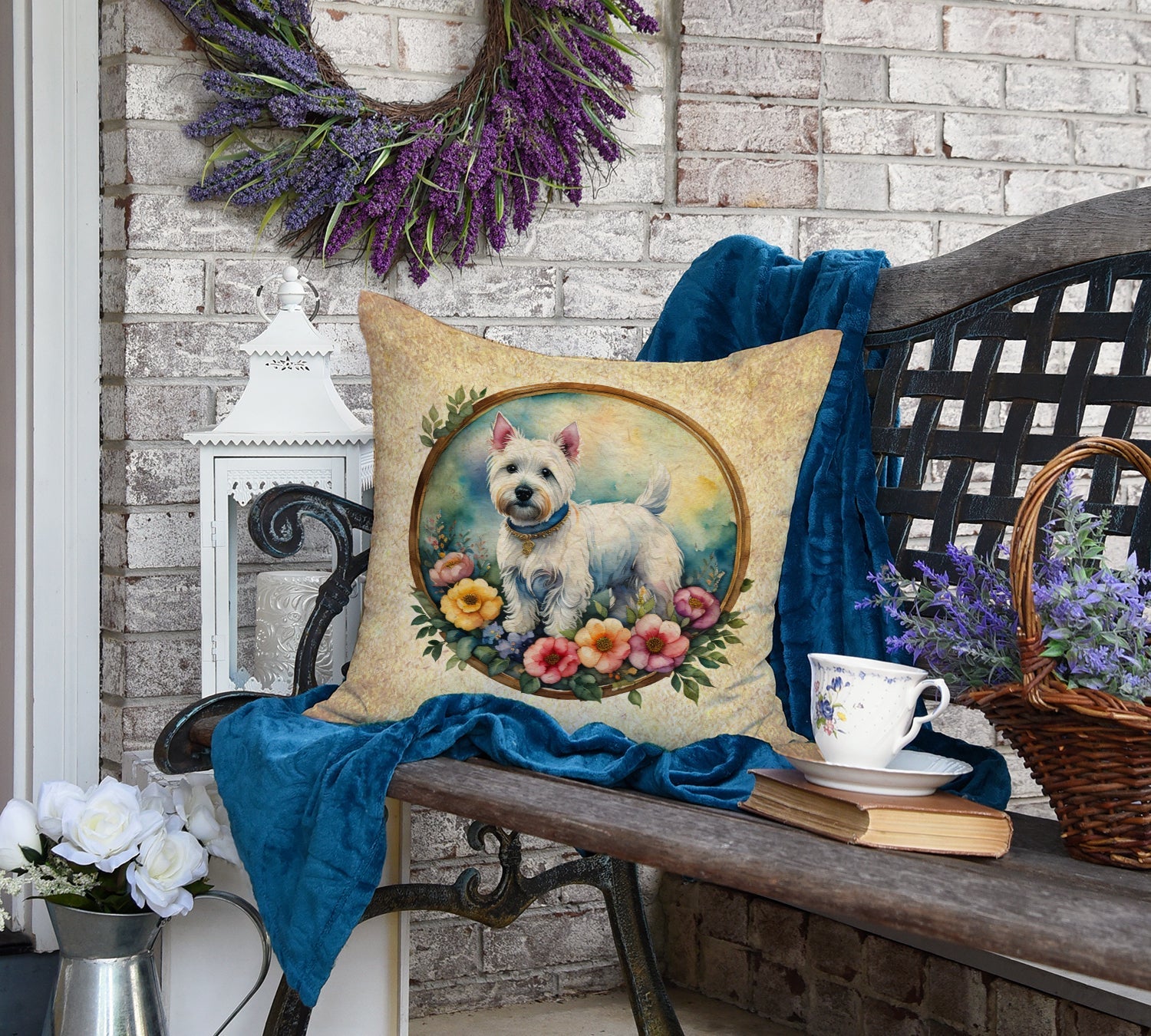 Westie and Flowers Decorative Throw Pillow 18x18 Indoor Outdoor Accent Cushion, Fabric Cover with Insert for Sofa, Bed, Porch & Living Room
