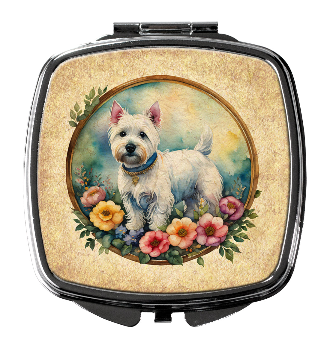 Westie and Flowers Compact Mirror Decorative Travel Makeup Mirror for Women Girls Gifts Pocket Makeup Mirror Folding Handheld
