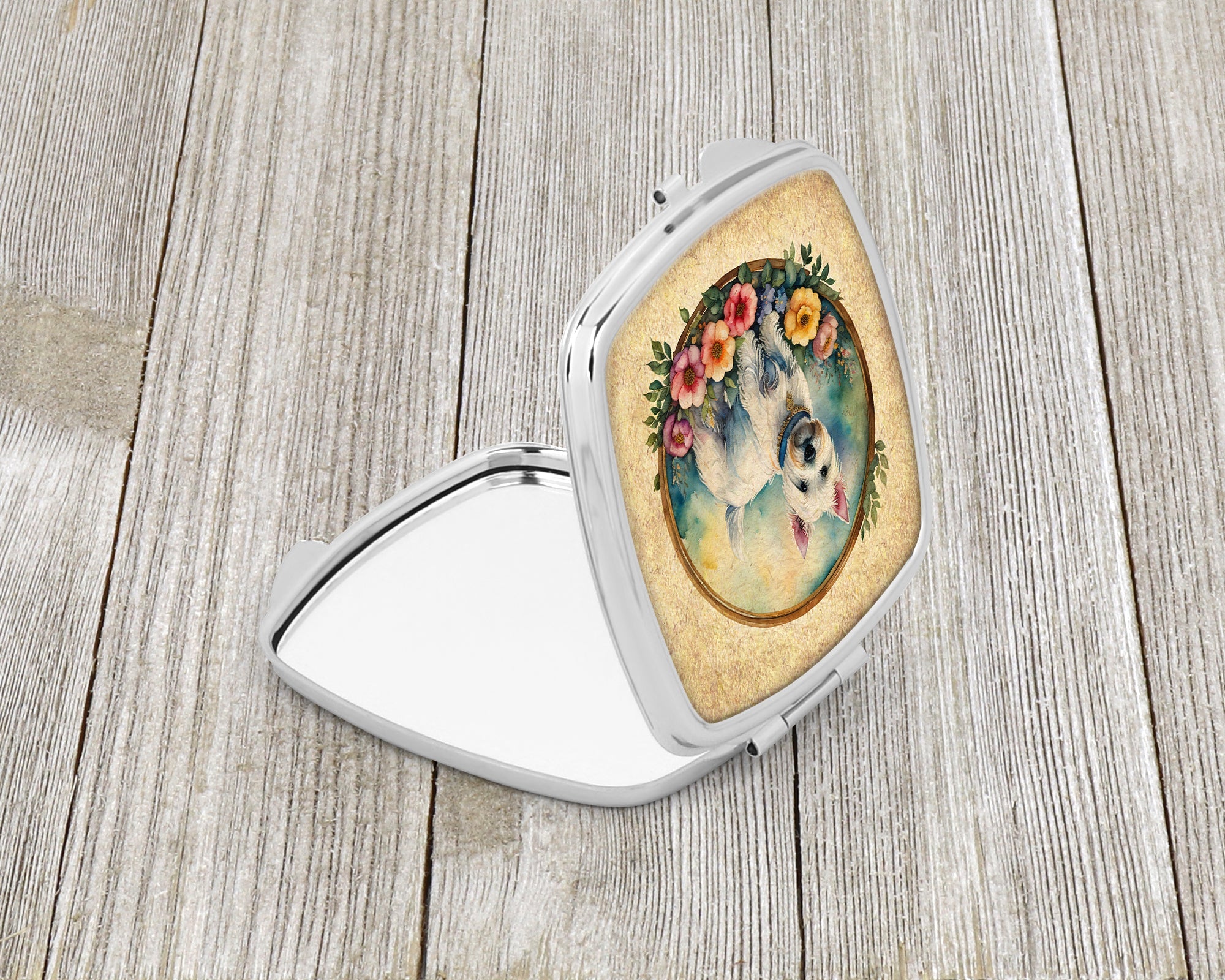 Westie and Flowers Compact Mirror Decorative Travel Makeup Mirror for Women Girls Gifts Pocket Makeup Mirror Folding Handheld