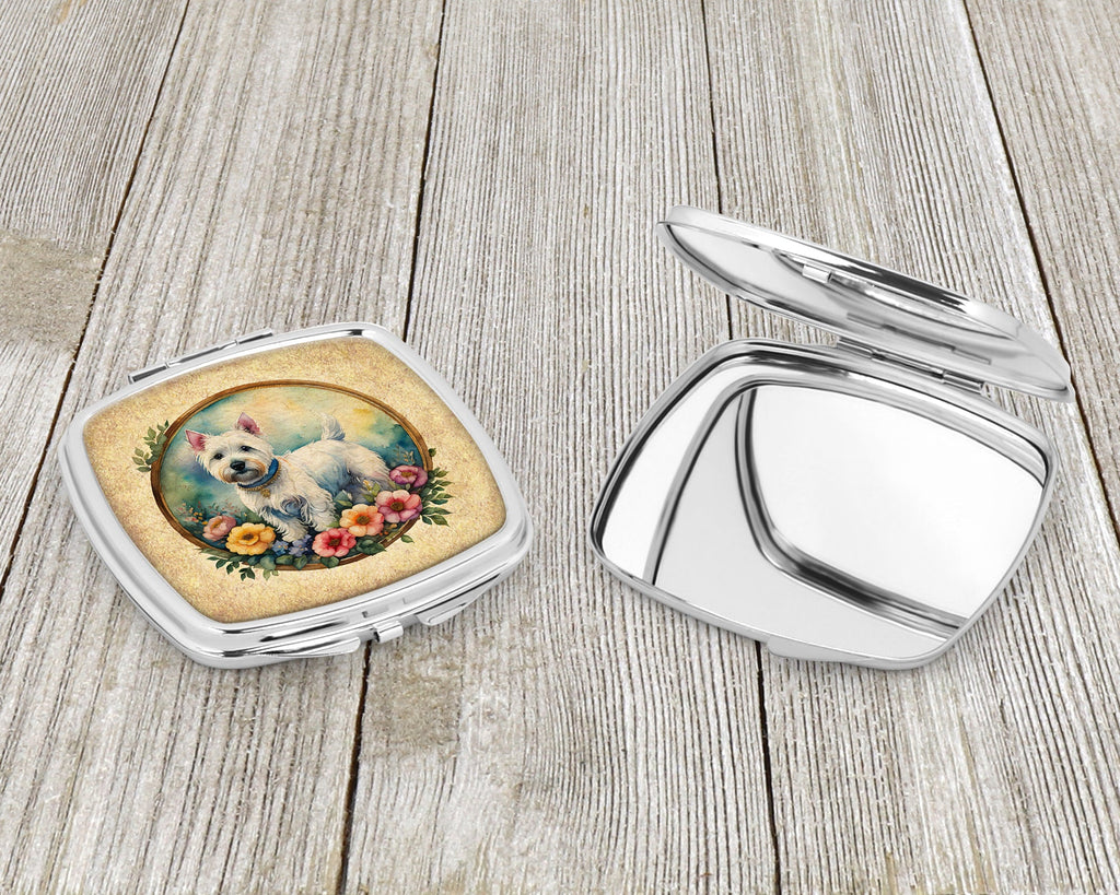 Westie and Flowers Compact Mirror Decorative Travel Makeup Mirror for Women Girls Gifts Pocket Makeup Mirror Folding Handheld