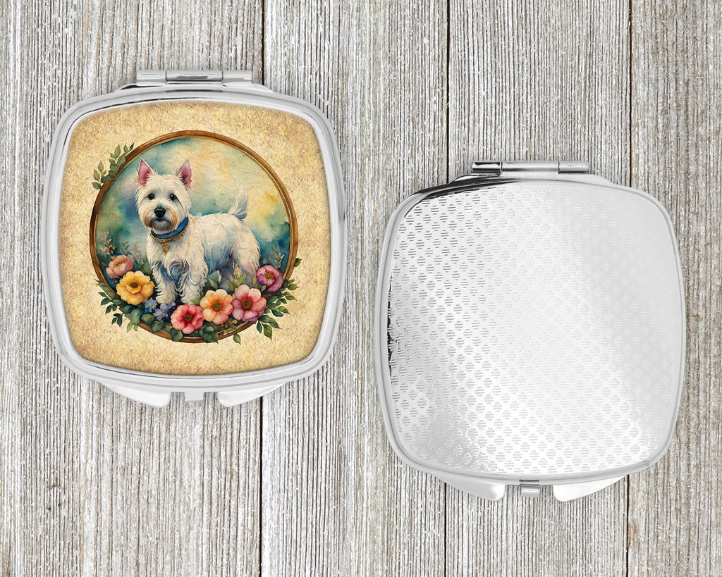 Westie and Flowers Compact Mirror Decorative Travel Makeup Mirror for Women Girls Gifts Pocket Makeup Mirror Folding Handheld