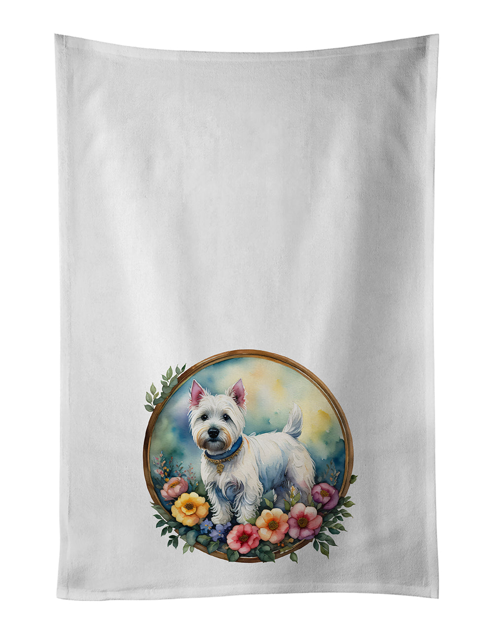 Westie and Flowers Kitchen Towel Set of 2 White Dish Towels Decorative Bathroom Hand towel for Hand, Face, Hair, Yoga, Tea, Dishcloth, 19 X 28", White