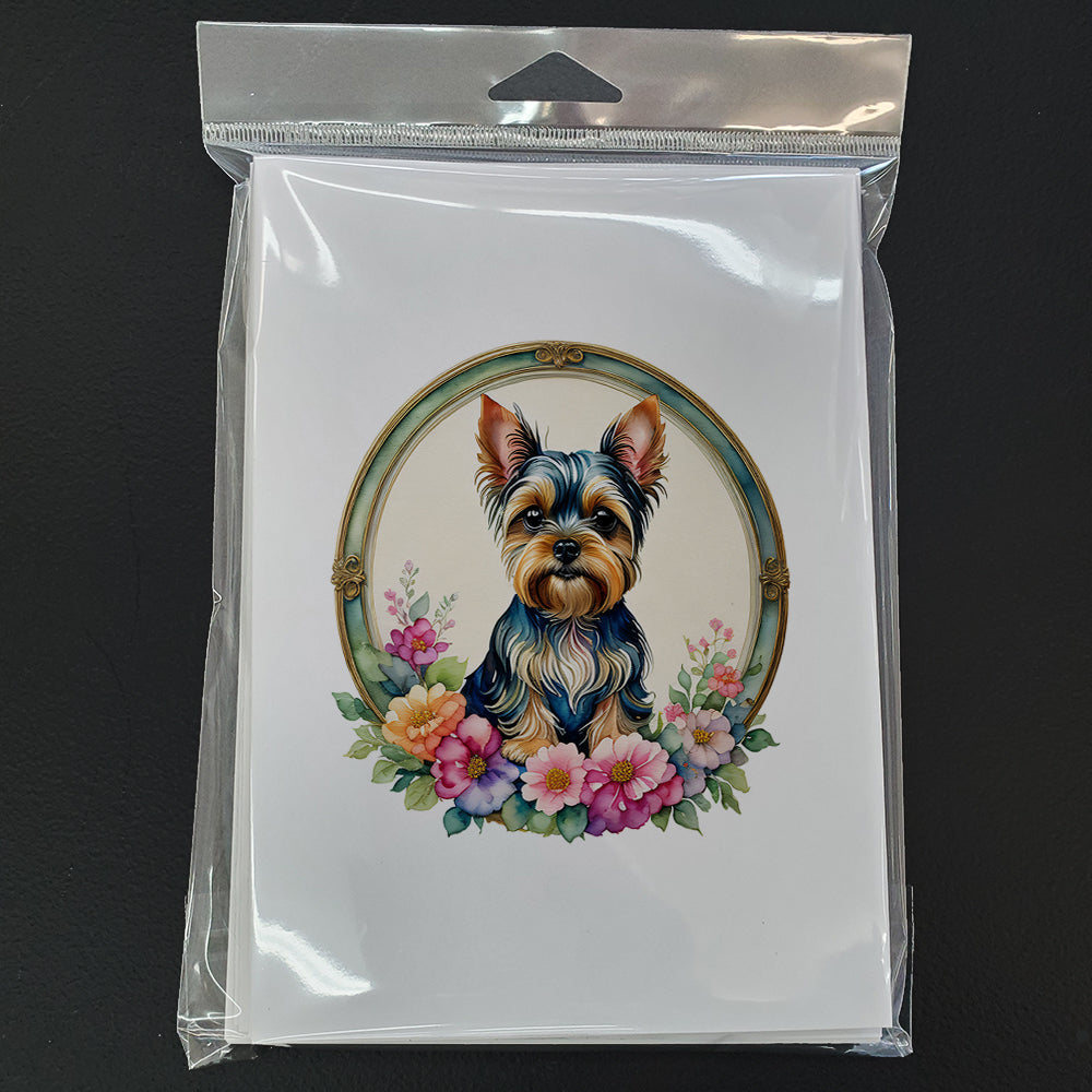 Yorkshire Terrier and Flowers Greeting Cards Pack of 8 Blank Cards with Envelopes Whimsical A7 Size 5x7