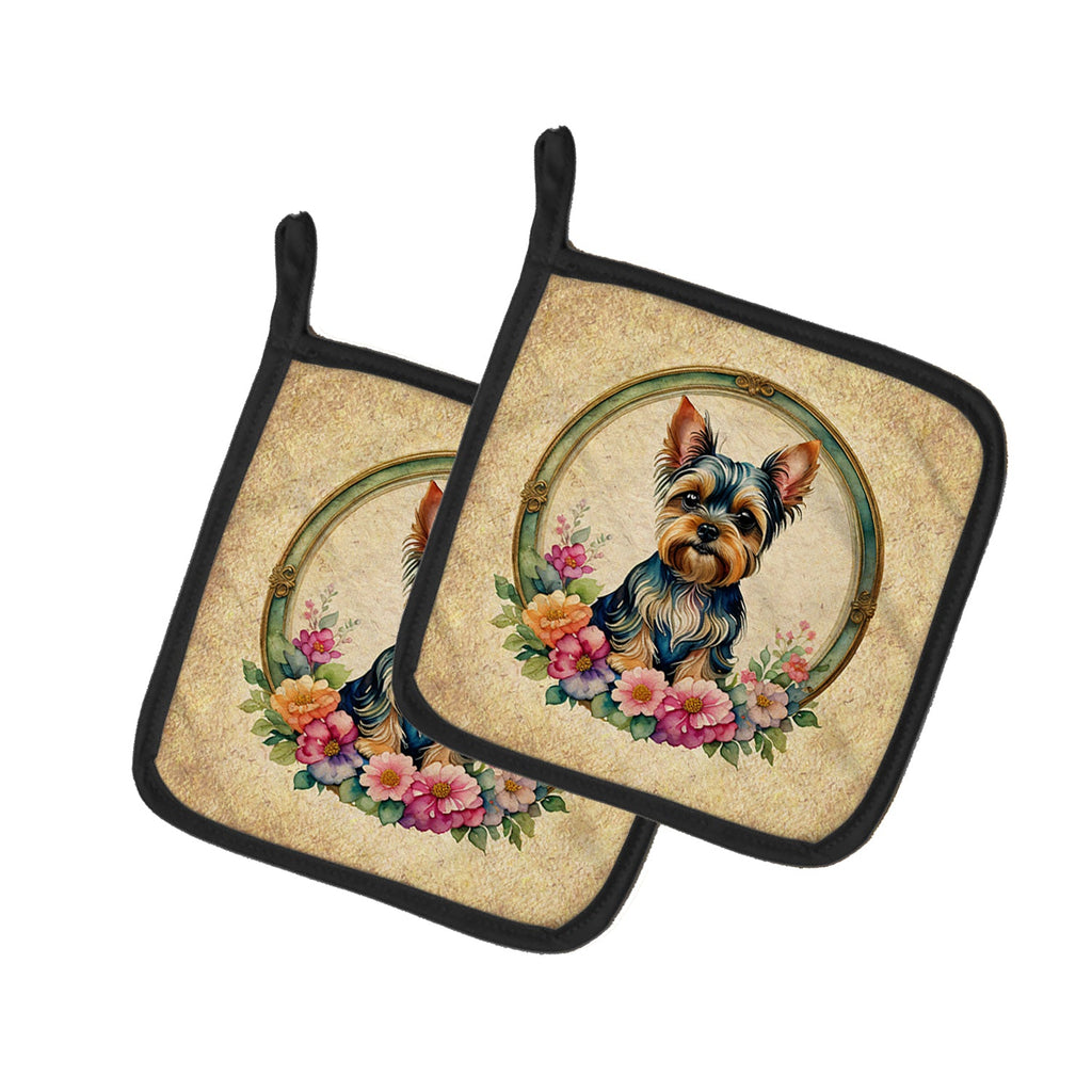 Yorkshire Terrier and Flowers Pot Holder Set of 2 Heat Resistant Quilted Hot Pads 7.5 x 7.5 Inch, Insulated Kitchen Trivets for Cooking & Baking