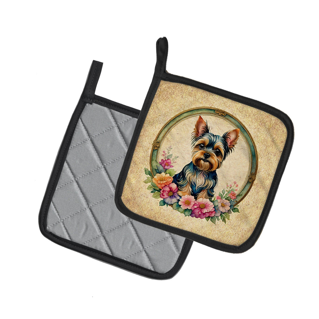 Yorkshire Terrier and Flowers Pot Holder Set of 2 Heat Resistant Quilted Hot Pads 7.5 x 7.5 Inch, Insulated Kitchen Trivets for Cooking & Baking