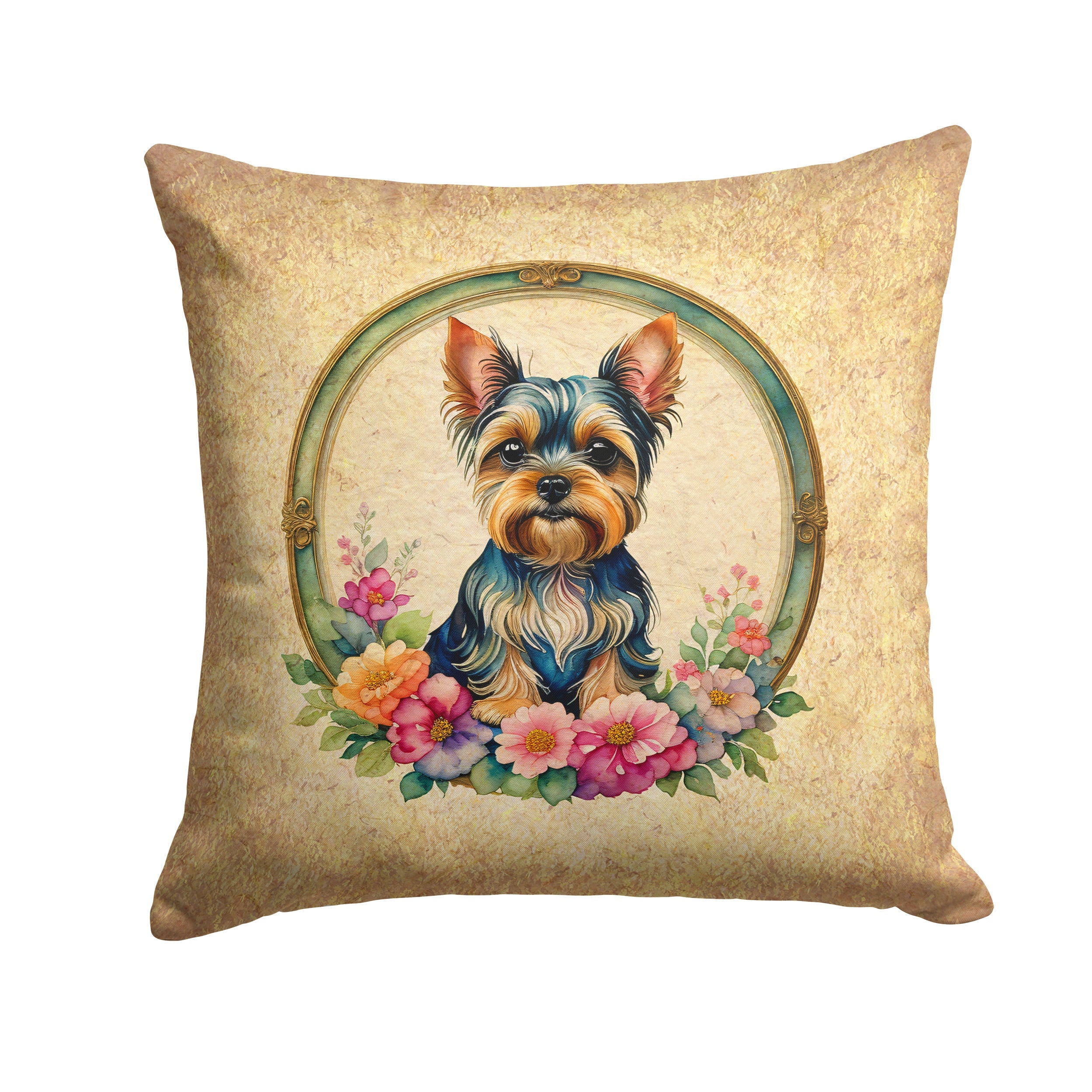 Yorkshire Terrier and Flowers Decorative Throw Pillow 14x14 Indoor Outdoor Accent Cushion, Fabric Cover with Insert for Sofa, Bed, Porch & Living Room