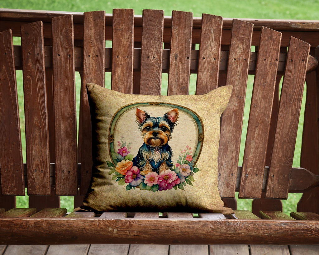 Yorkshire Terrier and Flowers Decorative Throw Pillow 14x14 Indoor Outdoor Accent Cushion, Fabric Cover with Insert for Sofa, Bed, Porch & Living Room