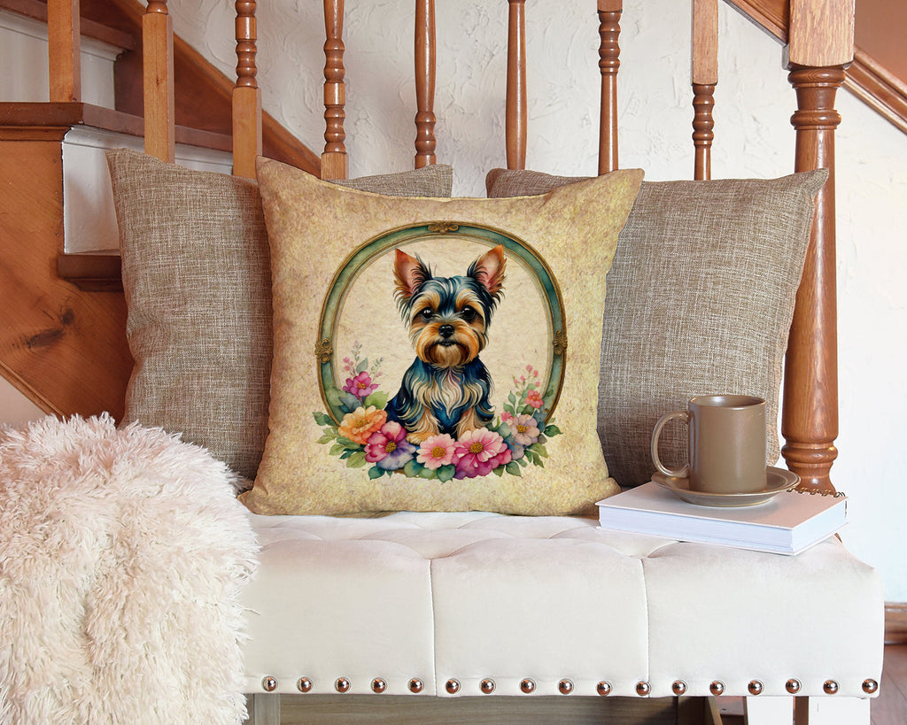 Yorkshire Terrier and Flowers Decorative Throw Pillow 14x14 Indoor Outdoor Accent Cushion, Fabric Cover with Insert for Sofa, Bed, Porch & Living Room