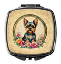 Yorkshire Terrier and Flowers Compact Mirror Decorative Travel Makeup Mirror for Women Girls Gifts Pocket Makeup Mirror Folding Handheld