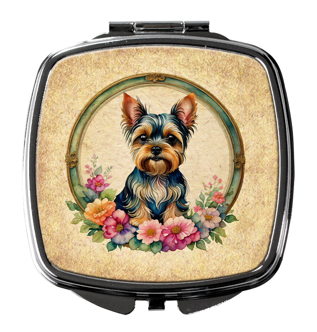 Yorkshire Terrier and Flowers Compact Mirror Decorative Travel Makeup Mirror for Women Girls Gifts Pocket Makeup Mirror Folding Handheld