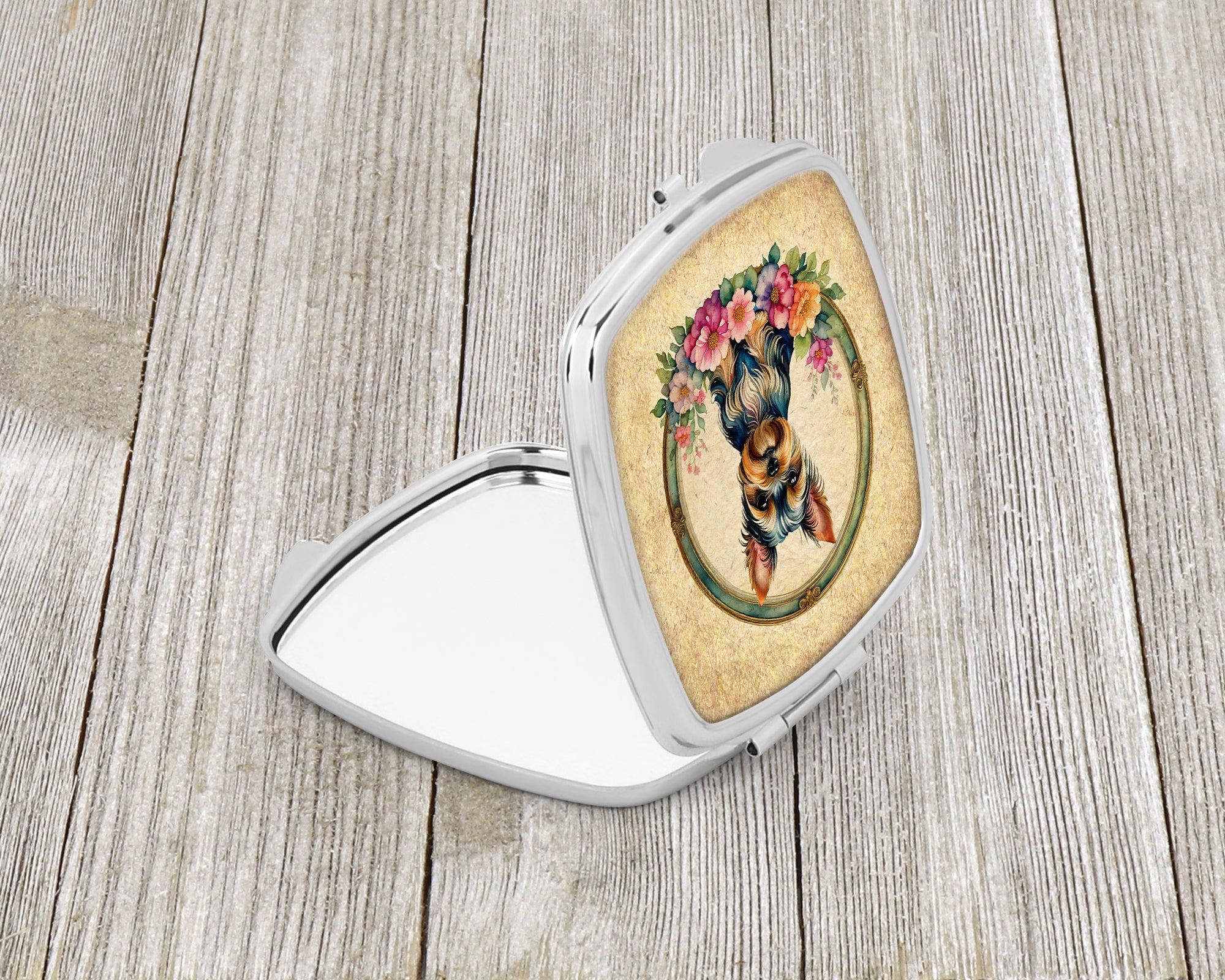 Yorkshire Terrier and Flowers Compact Mirror Decorative Travel Makeup Mirror for Women Girls Gifts Pocket Makeup Mirror Folding Handheld