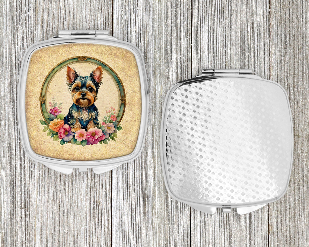 Yorkshire Terrier and Flowers Compact Mirror Decorative Travel Makeup Mirror for Women Girls Gifts Pocket Makeup Mirror Folding Handheld