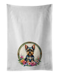 Yorkshire Terrier and Flowers Kitchen Towel Set of 2 White Dish Towels Decorative Bathroom Hand towel for Hand, Face, Hair, Yoga, Tea, Dishcloth, 19 X 28", White