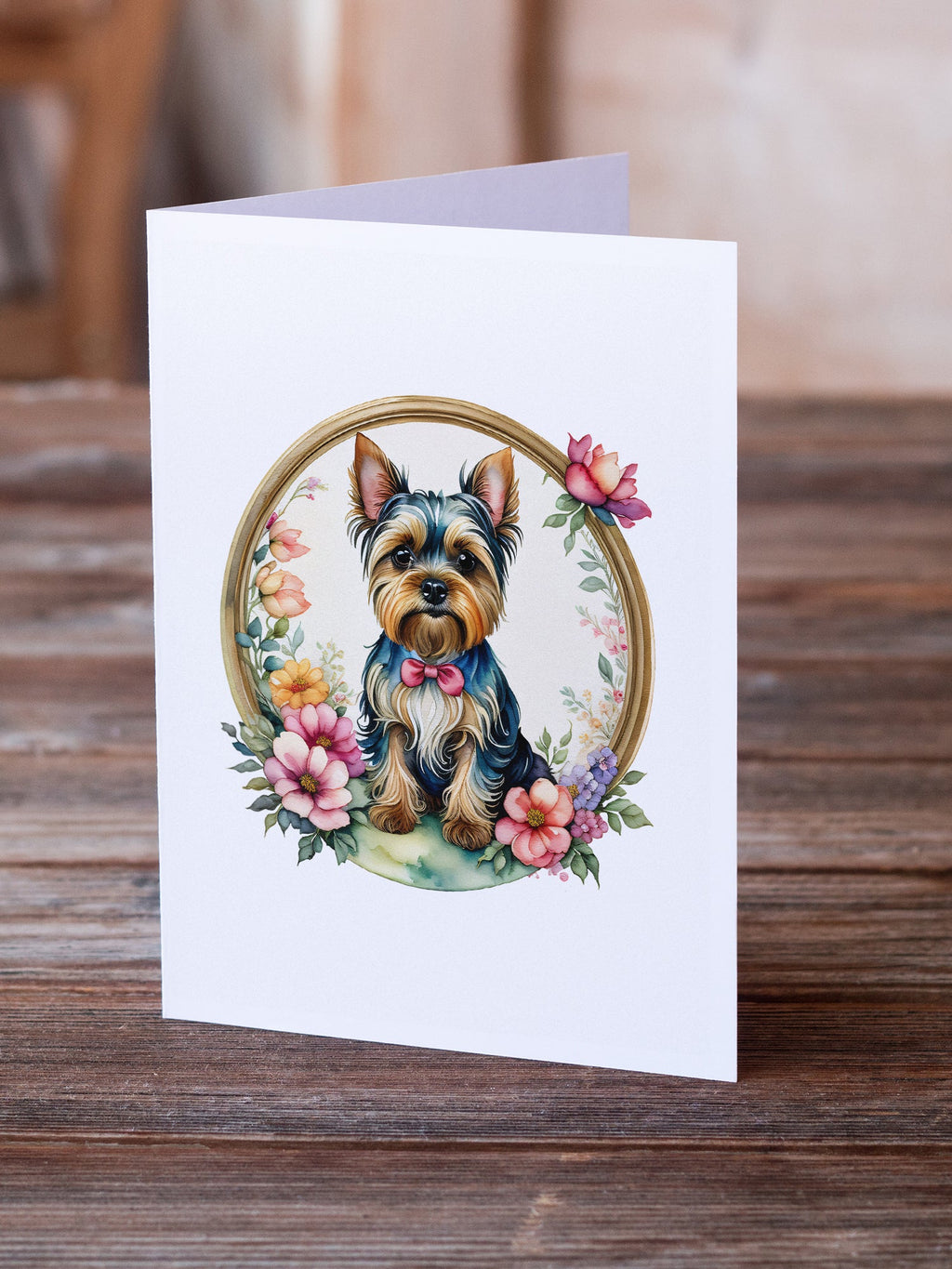 Yorkshire Terrier and Flowers Greeting Cards Pack of 8 Blank Cards with Envelopes Whimsical A7 Size 5x7