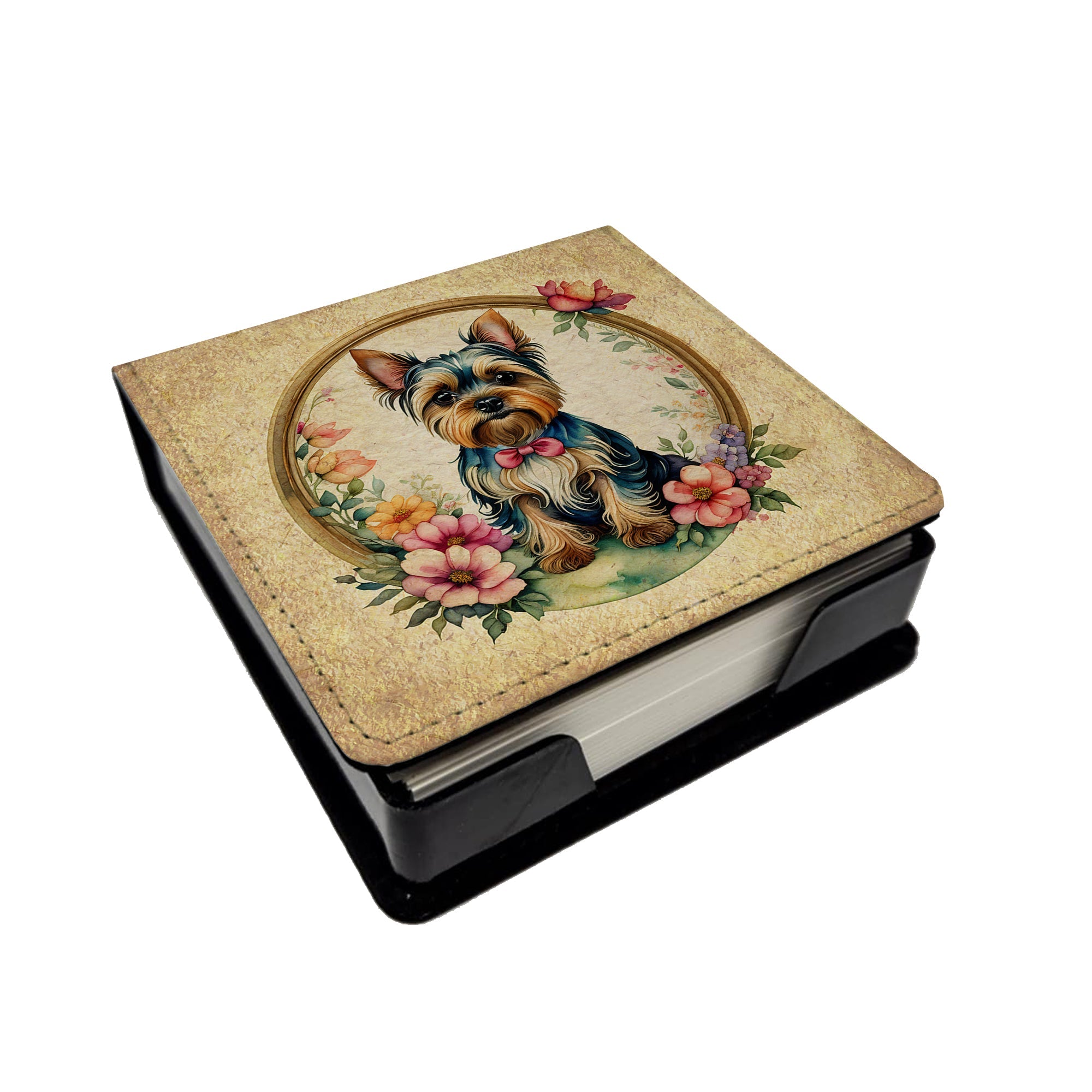 Yorkshire Terrier and Flowers PU Leather Note Paper Holder with Artist-Designed Cover, Desk Accessory, Office Gift