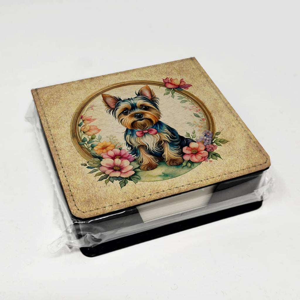 Yorkshire Terrier and Flowers PU Leather Note Paper Holder with Artist-Designed Cover, Desk Accessory, Office Gift