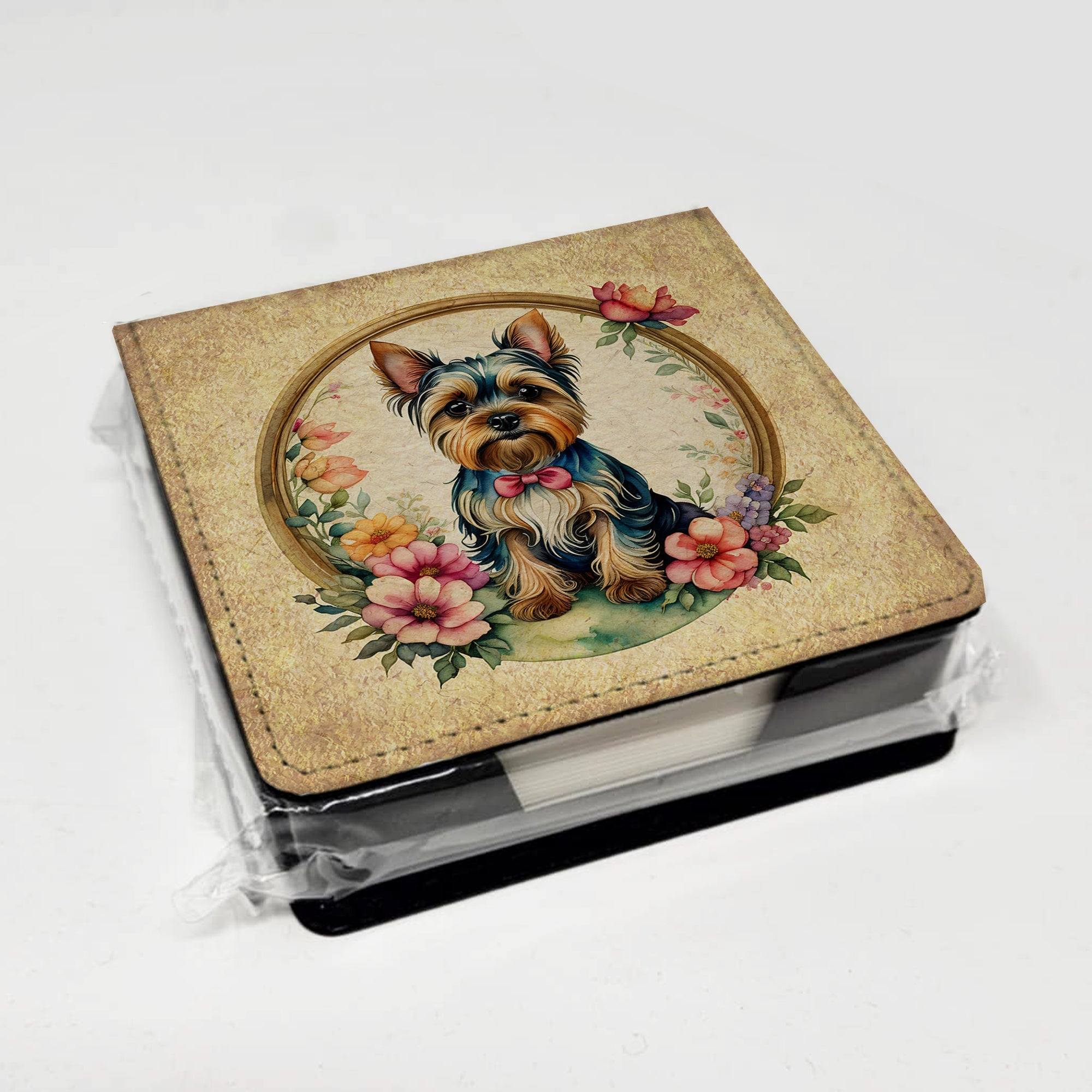 Yorkshire Terrier and Flowers PU Leather Note Paper Holder with Artist-Designed Cover, Desk Accessory, Office Gift