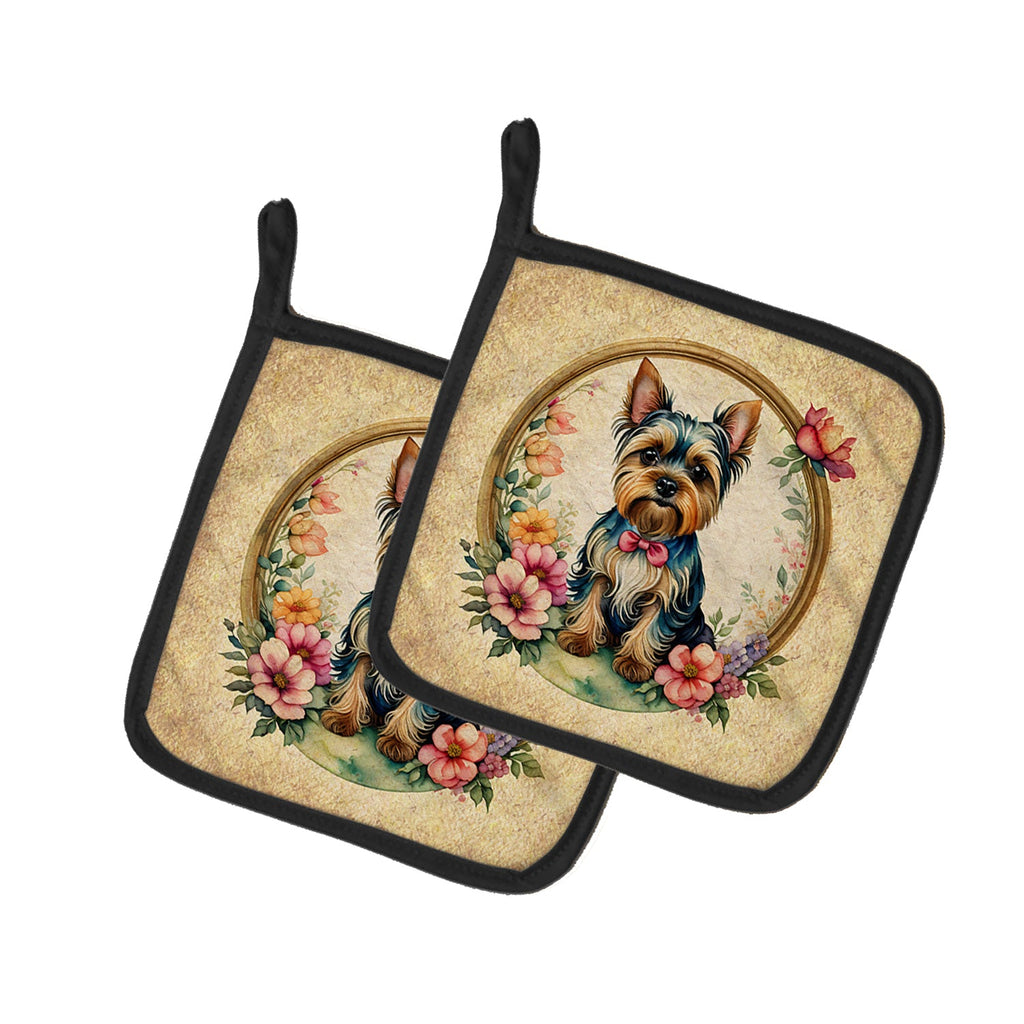 Yorkshire Terrier and Flowers Pot Holder Set of 2 Heat Resistant Quilted Hot Pads 7.5 x 7.5 Inch, Insulated Kitchen Trivets for Cooking & Baking