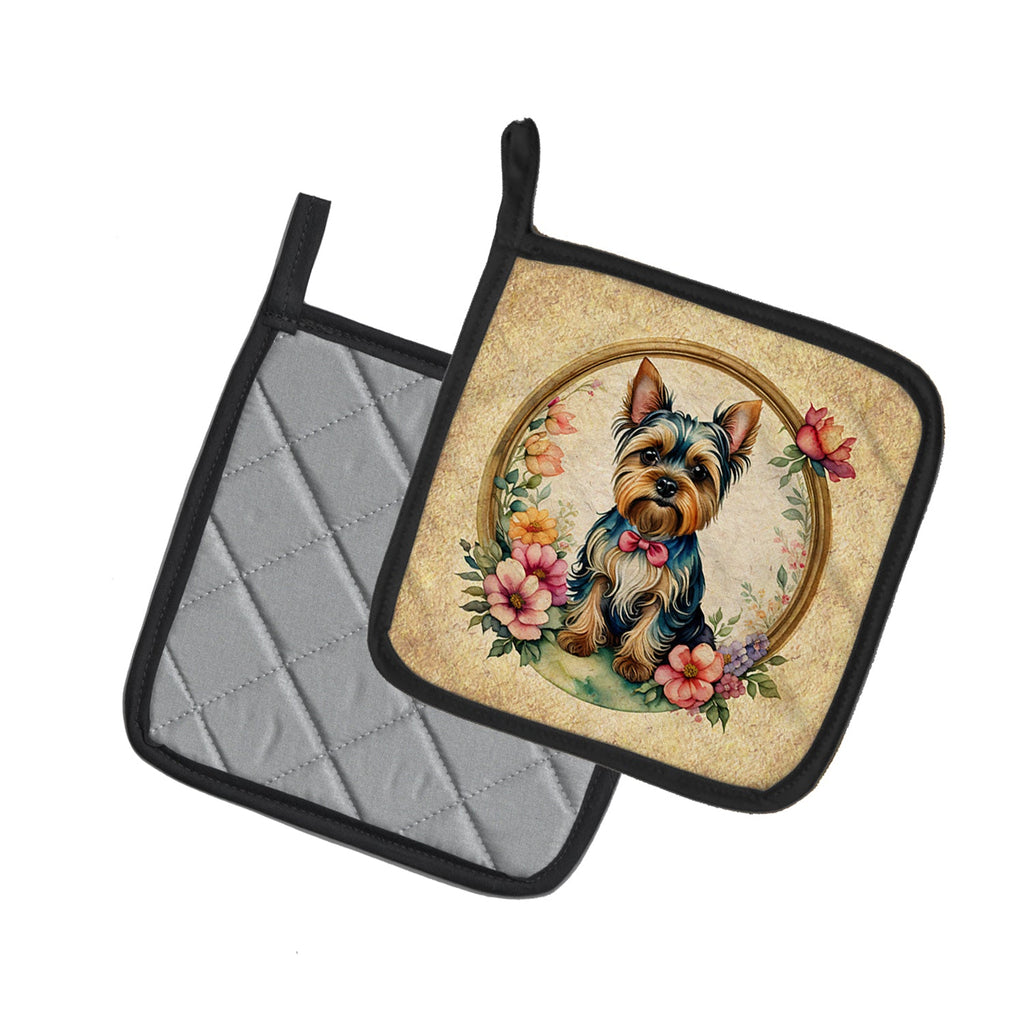Yorkshire Terrier and Flowers Pot Holder Set of 2 Heat Resistant Quilted Hot Pads 7.5 x 7.5 Inch, Insulated Kitchen Trivets for Cooking & Baking